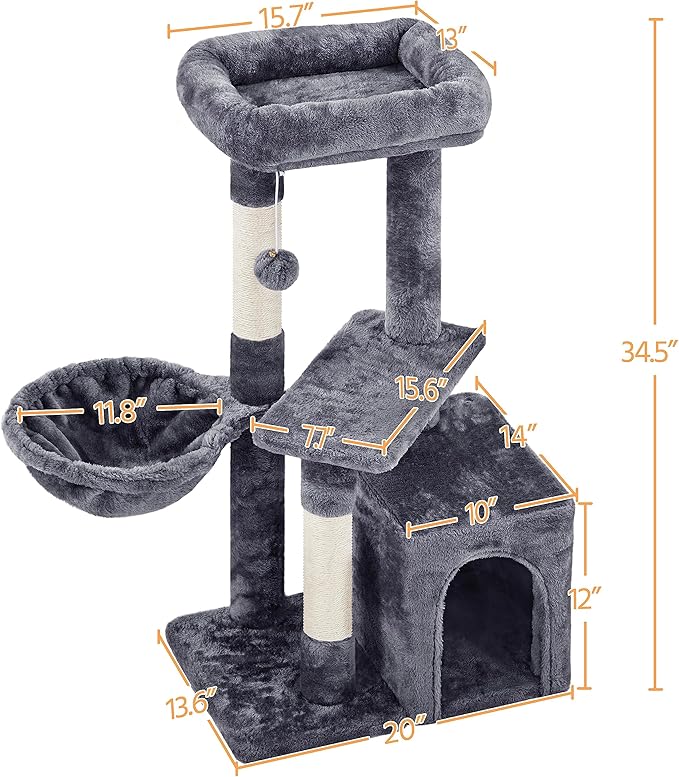Yaheetech 34.5in Scratching Post, Cat Scratchers for Indoor Cats and Kittens, Multifunctional Activity Post w/Sisal Rope＆Dangling Ball＆Large Condo, Dark Gray