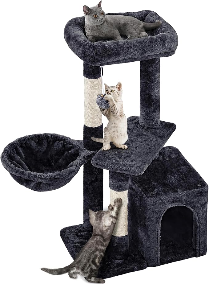 Yaheetech 34.5in Scratching Post, Cat Scratchers for Indoor Cats and Kittens, Multifunctional Activity Post w/Sisal Rope＆Dangling Ball＆Large Condo, Black