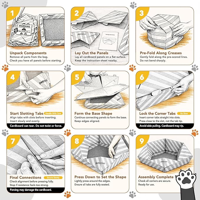 PETNOVO Foldable Cat Bed & House for Travel – Origami Cardboard Cat House with Built-in Honeycomb Scratcher Pad, No-Tools Assembly, FSC-Certified Recyclable, Yellow, 18.5" L x 18.5" W x 11.8" H