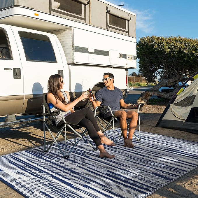 GENIMO Outdoor Rug for Patio Clearance, 8'x10' Waterproof Camping Mat, Reversible Plastic Straw Rugs for RV, Camper, Balcony, Backyard, Picnic, Deck (Blue White)