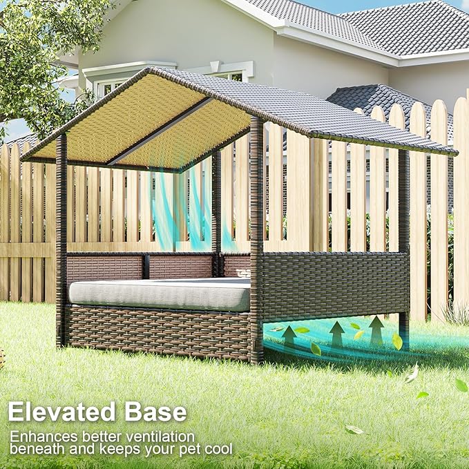 Waleaf Wicker Dog House Outdoor Indoor with Canopy and Removable Cushion, Elevated Rattan Dog Bed Shelter for Small/Medium Dogs, Weather Proof Cushion Cover Pet Cabana for Patio, Deck, Pool, Yard