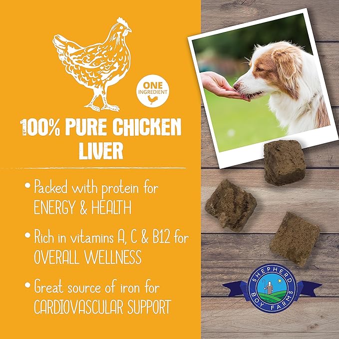 Shepherd Boy Farms Freeze Dried Dog and Cat Treats, Chicken Liver, All Natural Single Ingredient Freeze-Dried Dog Treat & Snacks, Made in USA, High Protein, Essential Nutrition Raw Food, 3oz