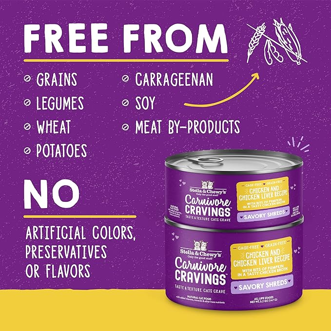 Stella & Chewy's Carnivore Cravings Savory Shreds - Wet Cat Food - High-Moisture Formula with Premium Cage-Free Chicken & Chicken Liver - Perfect for Picky Eaters - 5.2 oz, 8 Count