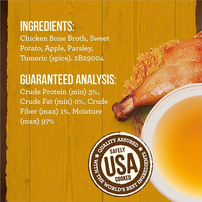 Merrick Grain Free Bone Broth, Premium Human Grade And Gluten Free Dog And Cat Food Topper Pouches, Chicken - 7 oz. Pouch