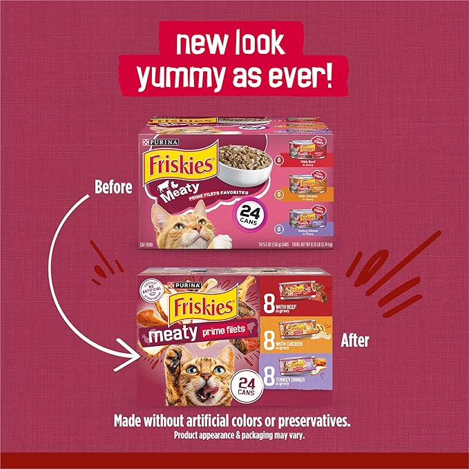 Friskies Purina Gravy Wet Cat Food Variety Pack,Prime Filets Meaty Favorites - 5.5 oz. Cans,(Pack of 48)