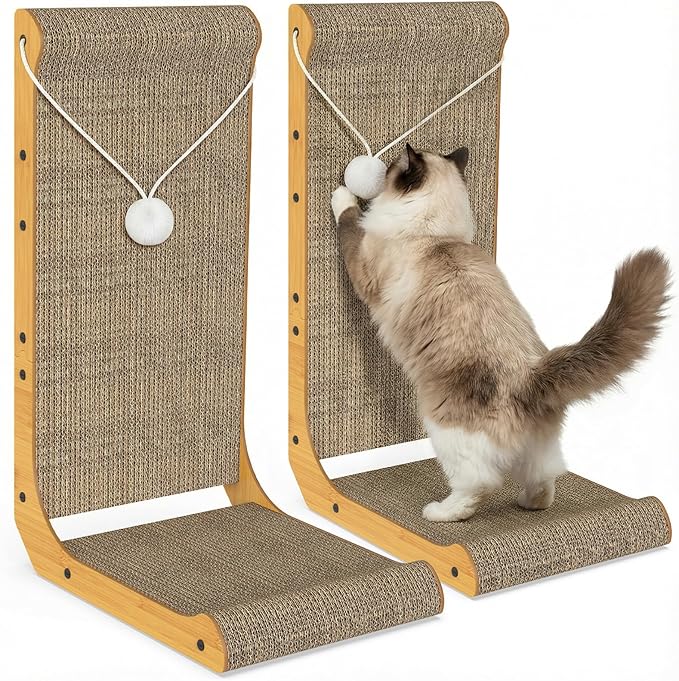 2-Pack Cat Scratching Board, 25.6'' Tall L-Shaped Cardboard Cat Scratcher with Hanging Ball Toy & Raised Edges, Vertical Cat Scratching Post for Indoor Cats, Wall & Couch Protector