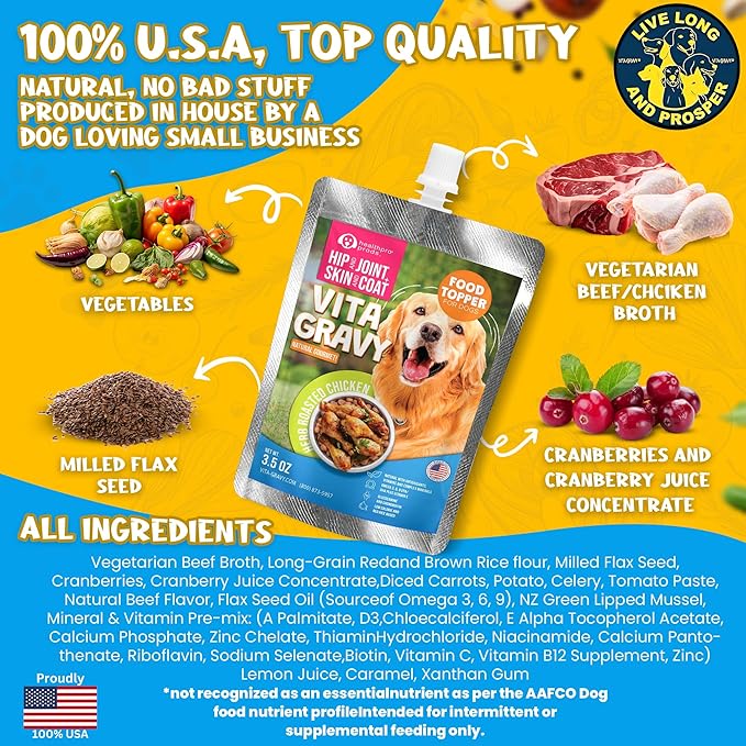 Healthpro VitaGravy® Dog Food Topper, Natural Dog Treat. Real, Herb Roasted Chicken Purée Delicious and Delightful. Dogs Love its Irresistable Real Human, Food-Grade Ingredients! 3.5oz, 3 Pk