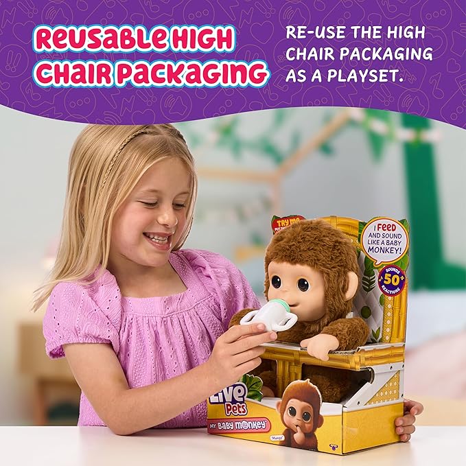 Little Live Pets My Baby Monkey Mango, 50+ Sounds and Reactions, Plush Interactive Monkey Toy Set with Accessories, Interactive Pets for Kids Ages 4+