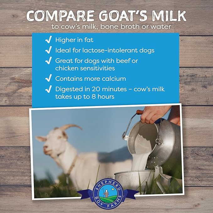 Shepherd Boy Farms Freeze Dried Raw Goats Milk with Probiotics for Dogs & Cats (Classic), High Protein Digestible Goat Milk for Sensitive Stomachs, Food Topper, Dog Camping Essentials - Makes 32 FL OZ