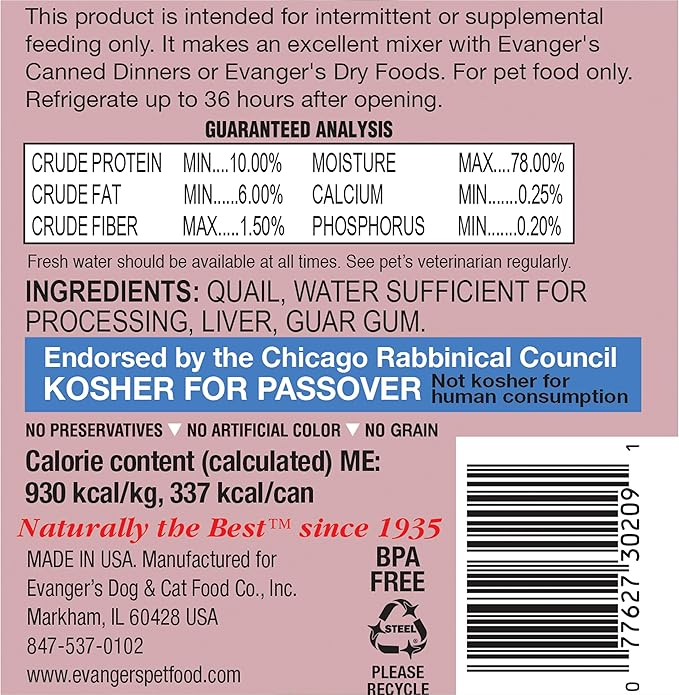 Evanger's Complements Grain Free Quail for Dogs, Cats & Ferrets – 12 Count, 12.5 oz Each – Single Protein, Grain & Gluten Free, Limited Ingredients, Nutrient-Rich Broth