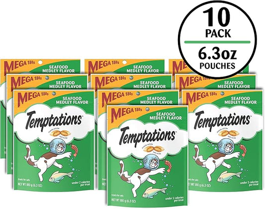 Temptations Cat Treats, Classic Crunchy and Soft Cat Treats, Seafood Medley Flavor, 6.3 oz. Pouch (Pack of 10)