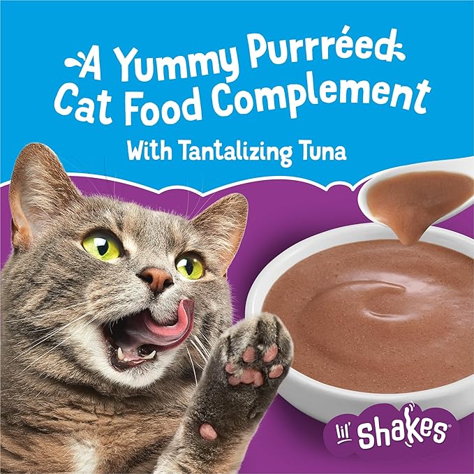 Friskies Purina Pureed Cat Food Topper,Lil’ Shakes with Tantalizing Tuna Lickable Cat Treats - 1.55 oz. Pouches,(Pack of 32)