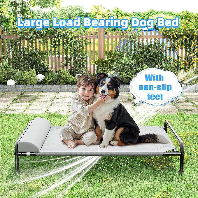 Simple Trending Elevated Dog Bed for Large Dogs, Cooling Raised Pet Cot with Bolster, Breathable Outdoor Couch Bed, 44.5" x 31", Grey