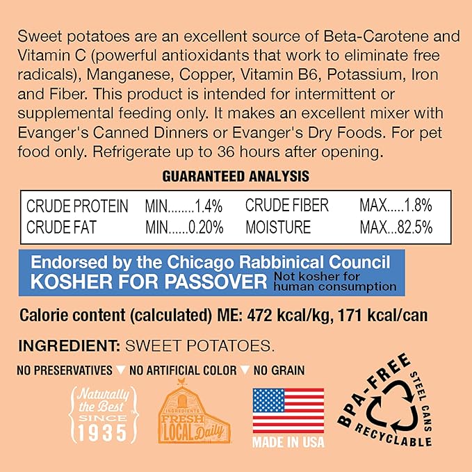 Evanger's Complements Grain Free Sweet Potato for Dogs & Cats – 12 Count, 12.5 oz Each – Single-Ingredient Formula Cooked in Broth – Grain & Gluten Free – Wet Dog & Cat Food