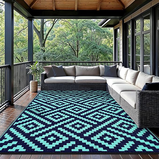 GENIMO Outdoor Rug for Patio Clearance, 6'x9' Waterproof Camping Mat, Reversible Plastic Straw Rugs for RV, Camper, Balcony, Backyard, Picnic, Deck (Navy Blue & Jade Green)