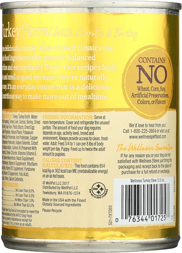 Wellness Natural Pet Food Grain Free Wet Canned Dog Food, Turkey Stew, 12.5 oz
