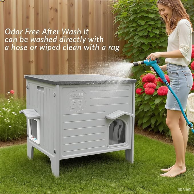 Weatherproof Insulated Outdoor Cat House with Mat for Feral Cat, Plastic Elevated Cat Shelter with Escape Door, Easy Assemble, Expansive Interior‌ Grey 22.0" L x 21.0" W x 16.0" H