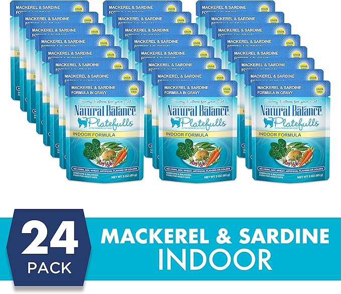 Natural Balance Original Ultra Platefulls Indoor Adult Grain Free Wet Cat Food, Mackerel & Sardine Recipe, 3 Ounce Pouch (Pack of 24)