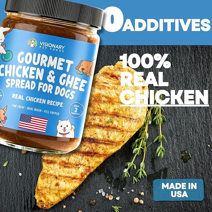 Visionary Pet Foods Chicken Meat Spread, Dog Safe and Natural Peanut Butter Alternative - Healthy Digestive Support, No Additives - Lick Mat Treats - 12oz Jar