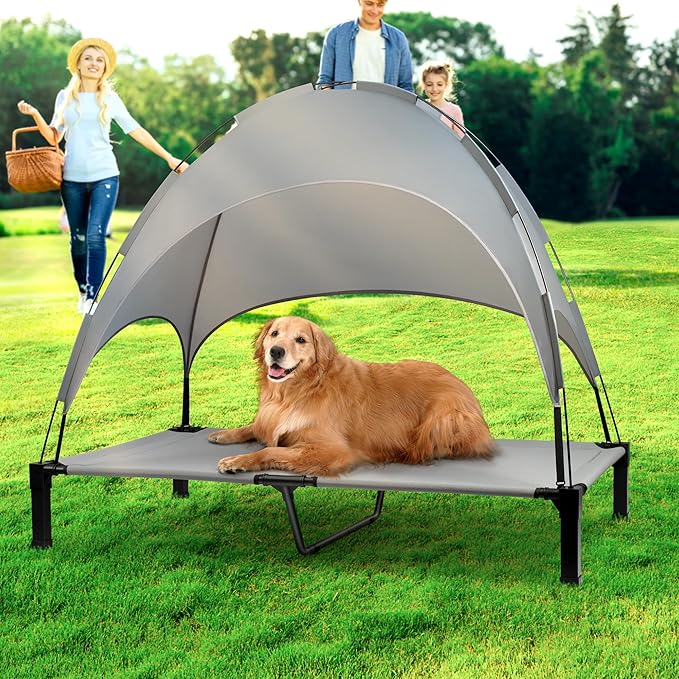 Heeyoo Elevated Dog Bed with Canopy, Portable Dog Cot with Removable Shade Tent, Outdoor Raised Pet Cot Cooling Bed for Dogs