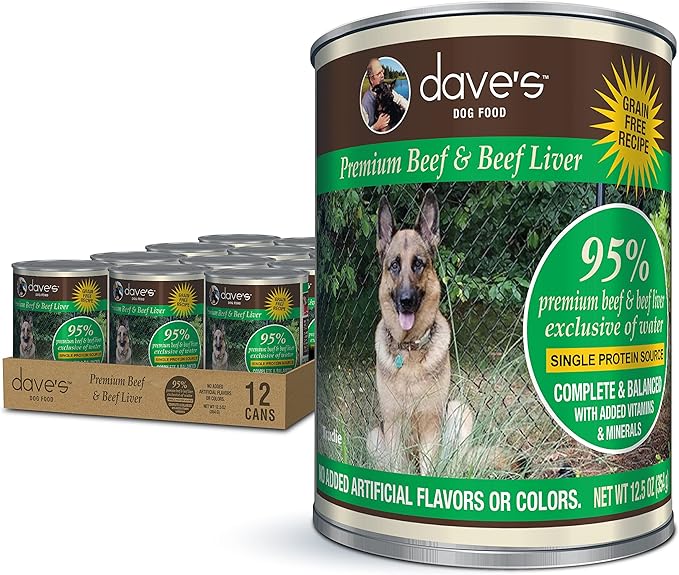 Dave's Pet Food Grain Free Wet Dog Food (95% Beef & Beef Liver), Made in USA Single-Source Protein, Limited Ingredients Added Vitamins & Minerals, 12.5 oz Cans (12 Pack)