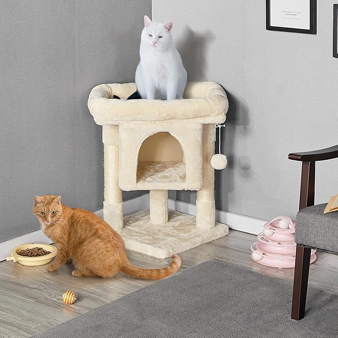 Yaheetech Cat Scratching Posts with Bed, 23.5 Inches Cat Kitten Scratcher Featuring with Sisal Scratch Posts, Interactive Dangling Ball for Indoor Large Cats, Beige