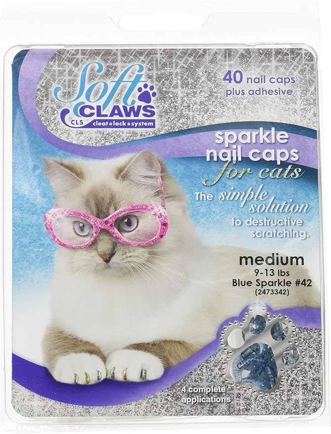 Soft Claws Cat Nail Caps for Medium Cats – (40 Caps, Blue Sparkle) - Veterinarian-Developed | Protects Furniture & Skin - Easy to Apply, Long-Lasting Anti-Scratch Soft Cat Claw Covers