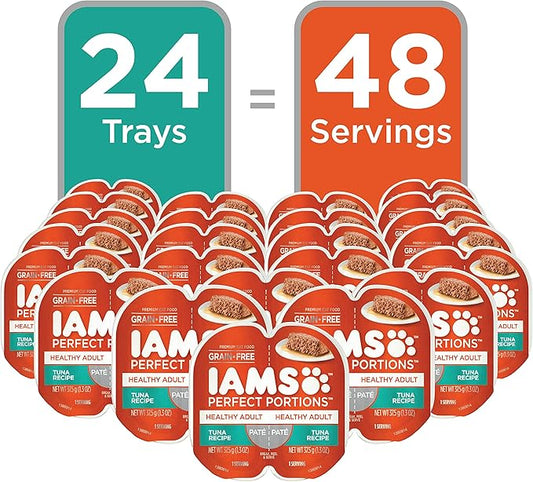 IAMS Perfect Portions Sensitive Digestion & Skin Wet Cat Food Pate, Healthy Adult Grain Free Pate, Tuna Recipe, 2.6 Oz. (24 Twin Packs)