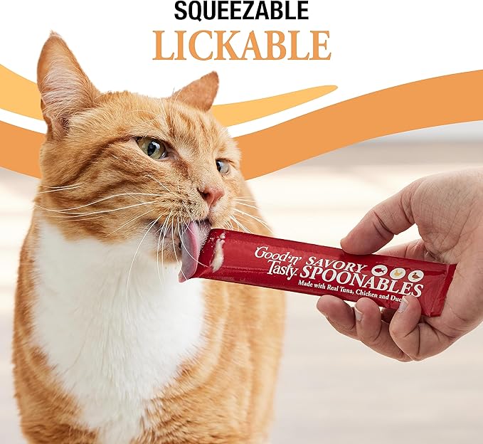 Good 'n' Tasty Savory Spoonables with Real Tuna, Chicken and Duck for Cats, 10 Count, Treat Your Cat to Triple Flavor Squeezable Lickable Wet Treats with Built-in Spoon for Less Mess