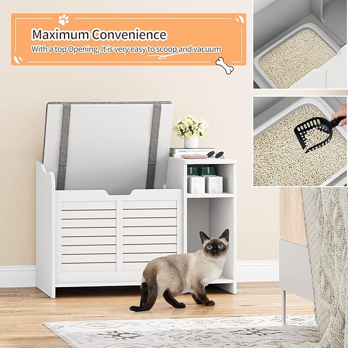 Cat Litter Box Enclosure, Litter Box Enclosure with Top Opening with Cushion, Cat Litter Box Cabinet Furniture Hidden, Litter Box Hidden, Cat House, White Medium
