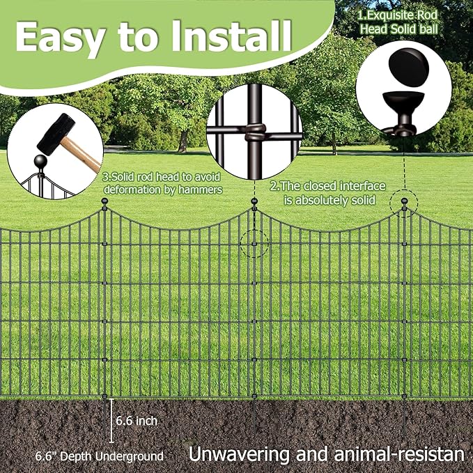 10 Panels Garden Fence Dog Fence Outdoor for Yard, 32in H x 23.6ft L Rustproof Metal Fencing with Ground Stakes | No Dig Animal Proof Containment for Pets/Rabbits | Durable Patio Security Panels