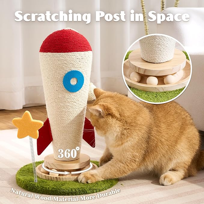 Cat Scratching Post, Rocket Cute Sisal Cat Scratcher with Durable Solid Wood Turntable Toy, Cat Scratch Post Red Cat Scratcher with Spinning Star Toy for Indoor Adult Cats