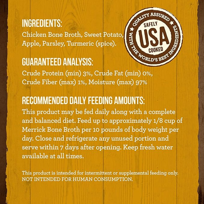 Merrick Grain Free Bone Broth Natural Meal Topper for Dogs, Accented with Superfoods & Cinnamon, for Adult Dogs of All Breeds (Chicken, 16 Ounce,Pack of 3)