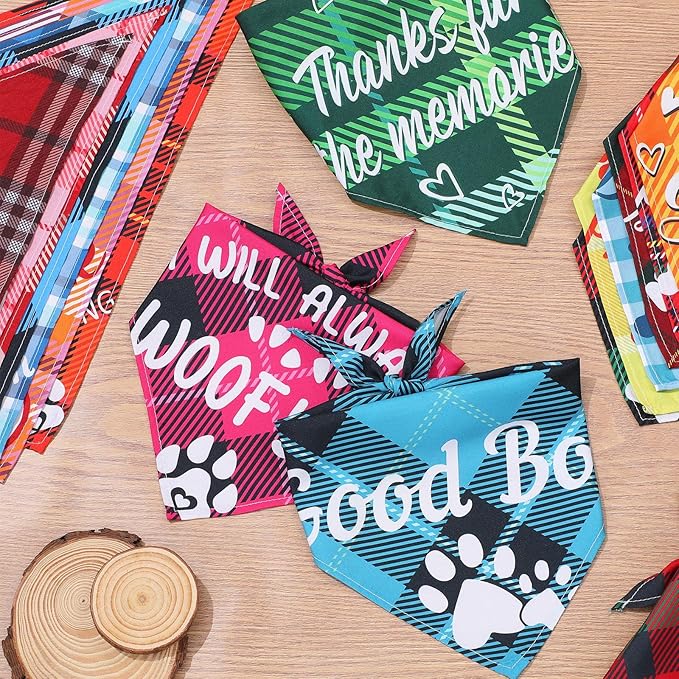 Kacctyen 300 Pcs Dark Plaid Dog Bandanas Bulk for Groomers Pet Scarf Puppy Bibs with Cute Sayings Adjustable Washable Pet Spring Summer Accessories for Small to Large Dogs Cats