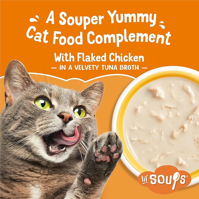Friskies Purina Natural,Grain Free Wet Cat Food Lickable Cat Treats,Lil' Soups Flaked Chicken - 1.2 oz. Tubs,(Pack of 16)