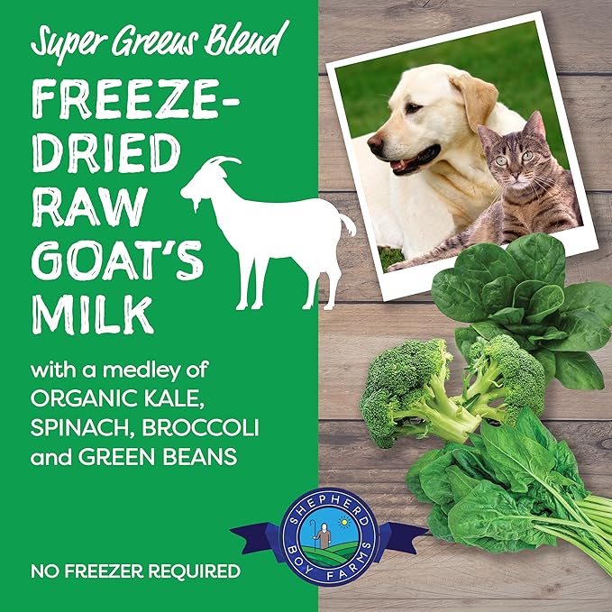 Shepherd Boy Farms Freeze Dried Raw Goats Milk with Probiotics for Dogs & Cats (Super Greens), Organic USA Veggies & Fruits, High Protein, Digestible Goat Milk Powder, Food Toppers - Makes 16 FL OZ