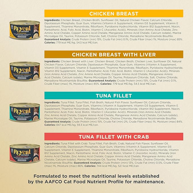 Reveal Entrées Natural Wet Cat Food, Grain-Free with Added Vitamins & Minerals, Carrageenan-Free and High Protein, Chicken Variety Selection in Broth (12 x 2.47 oz cans)
