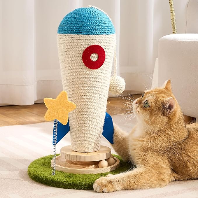 Cat Scratching Post, Rocket Cute Sisal Cat Scratcher with Durable Solid Wood Turntable Toy, Cat Scratch Post Red Cat Scratcher with Spinning Star Toy for Indoor Adult Cats