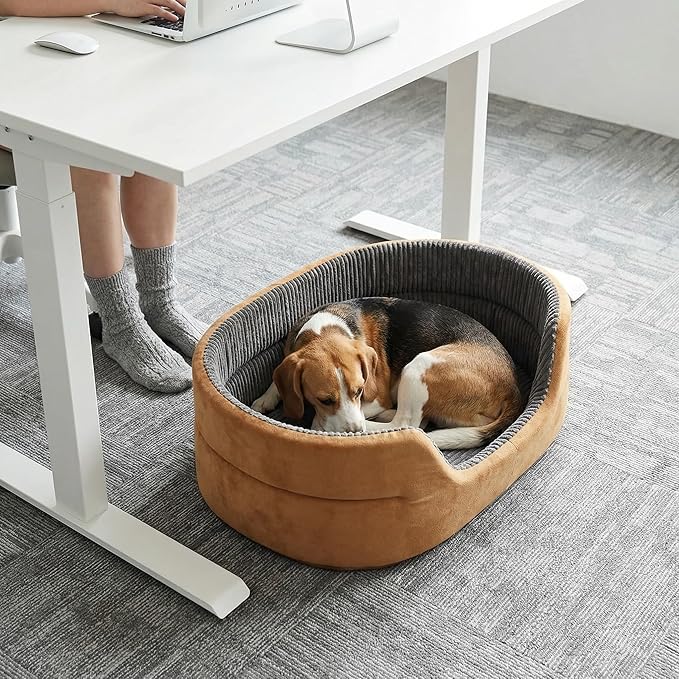 Large Dog Bed Cat Bed 20x30 Inch, Calming Pet Bed for Medium Dogs & Large Cats, Half-Enclosed Open-Top Velvet Anti-Anxiety Bed, Machine Washable Cozy Snuggle Bed (Camel)