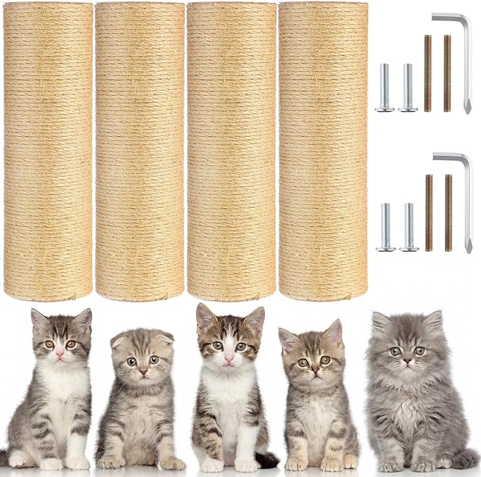 4 Pcs M8 Cat Scratching Post Replacement 11.8x3.5'' Sisal Pole Cat Tree Climbing Post Replacement with Screw, Refill Scratcher Pole for Indoor Kitten Tree Tower Spare Pet Furniture Protector