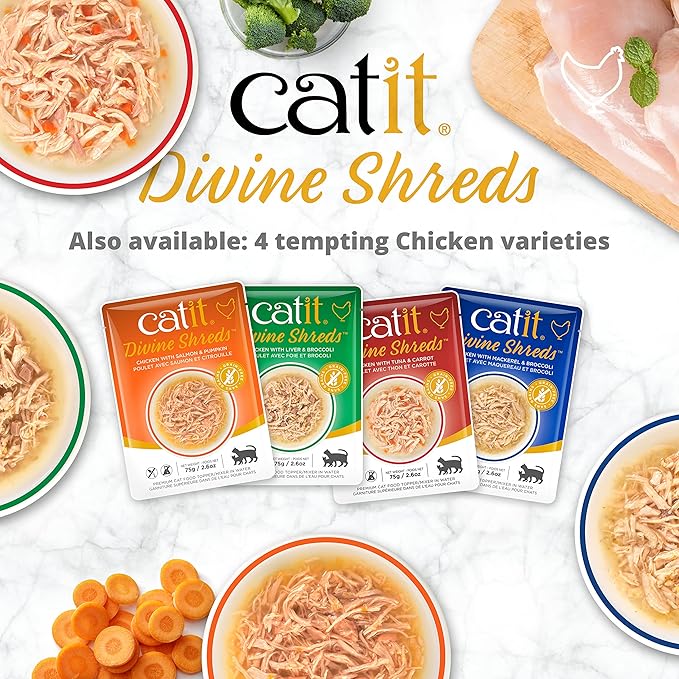 Catit Divine Shreds Premium Cat Food Topper, Tuna with Chicken & Wakame (Pack of 4)