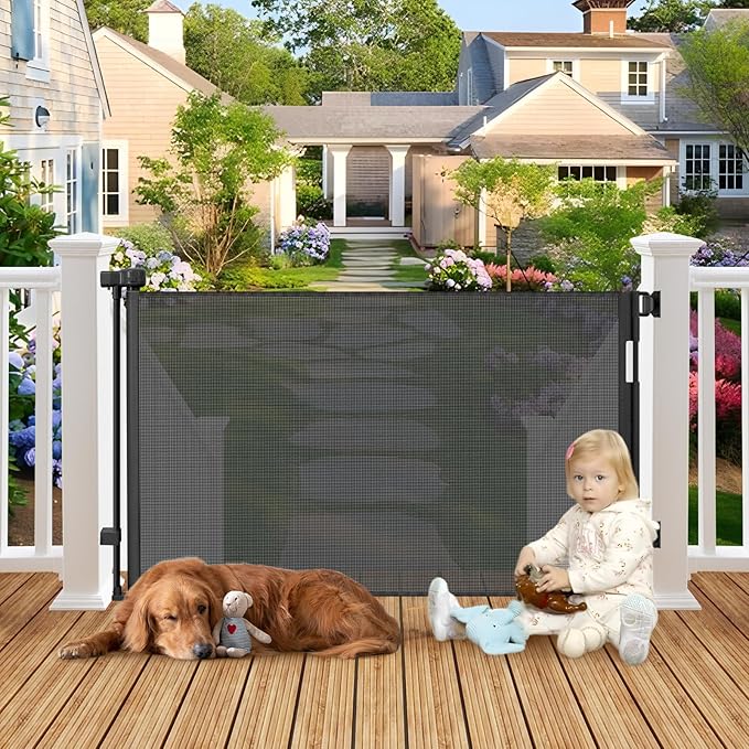 Weatherproof Outdoor Retractable Gate for Dogs with No Rust Stainless Steel Screws and Rods, 55" Wide Waterproof Retractable Baby Gates, Scratch-Resistant Mesh Safety Outdoor Pet Gate for Deck, Black