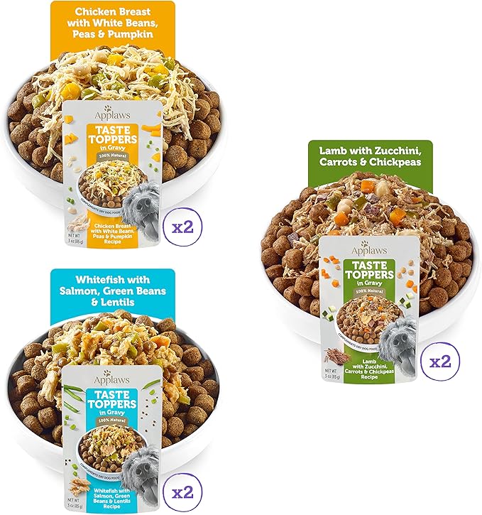 Applaws Taste Toppers, Grain-Free Dog Food Topper, Limited Ingredient, Variety Selection in Gravy (6 x 3oz Pouches)