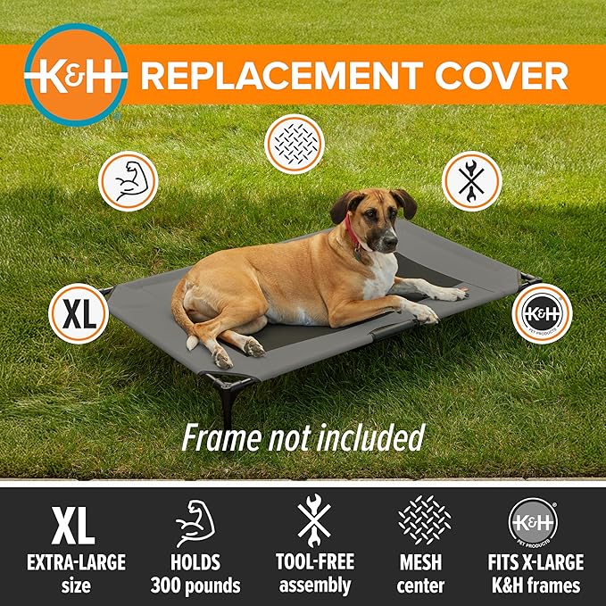 K&H Pet Products Dog Cot Replacement Cover, Designed to fit K&H XL Pet Cots (Sold Separately), Indoor Outdoor, Breathable Cooling Mesh Center, Machine Washable - Extra-Large 50 X 32in Gray