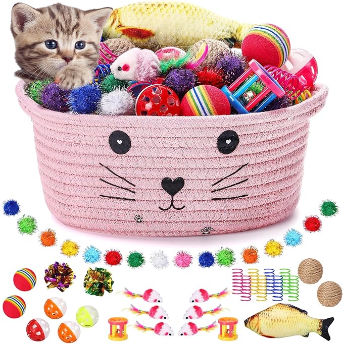 Zopeal 58 Pcs Easter Cat Storage Basket Gift Toys Set, Colorful Flashing Balls Pet Bell Crinkle Balls Spring Toys Attract Cat to Swat, Hunt, Interactive for Pet(Pink,9.8 Inch)