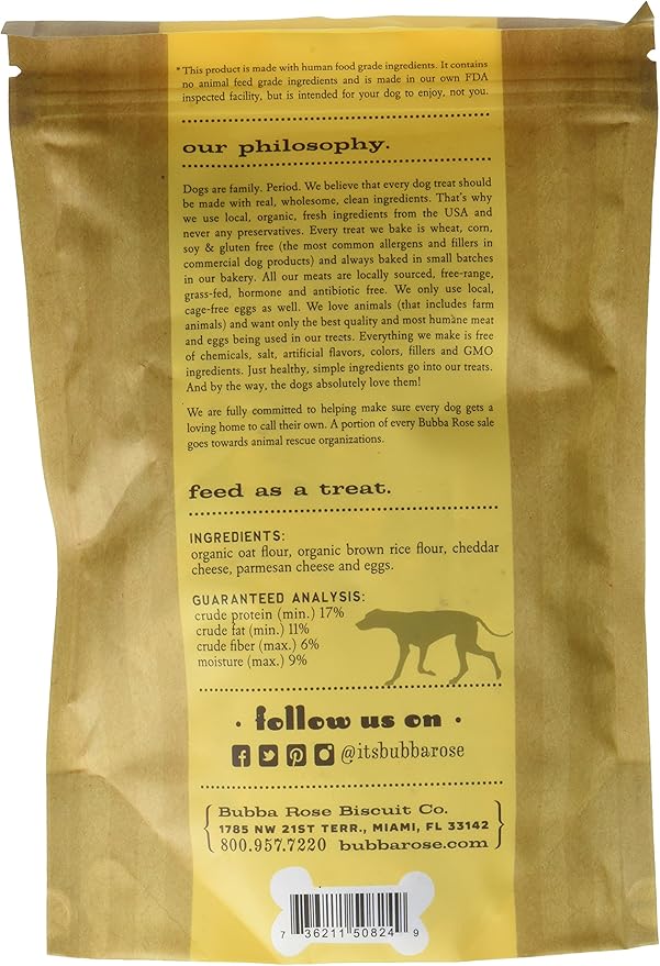 Bubba Rose Biscuit Co. - Cheese Dog Biscuits - I Heart Cheese 6.5 oz. Bag - Allergy Friendly, Wheat, Corn, Soy & Gluten-Free Dog Treats, Made in The USA