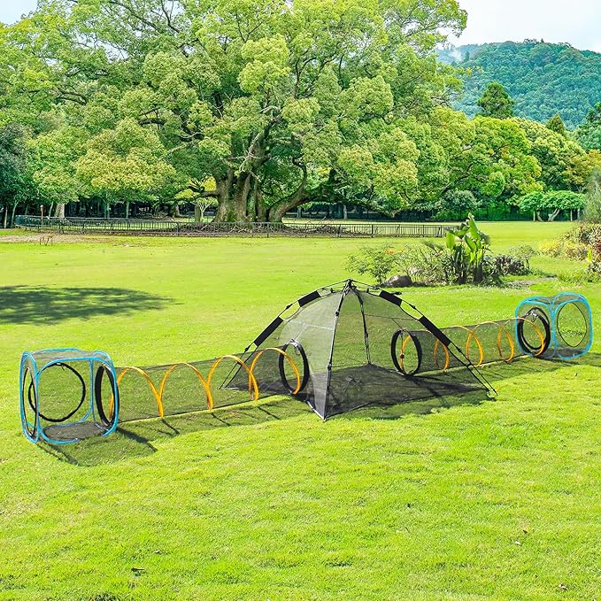 Collapsible Cat Play Tunnel & House for Indoor/Outdoor, Easy Connect with Cat Tent (2 Cubes + Run Tunnel)