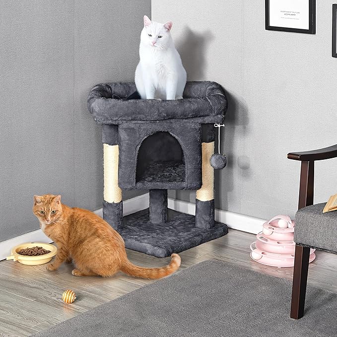 Yaheetech Cat Scratching Posts with Bed, 23.5 Inches Cat Kitten Scratcher Featuring with Sisal Scratch Posts, Interactive Dangling Ball for Indoor Large Cats, Dark Gray