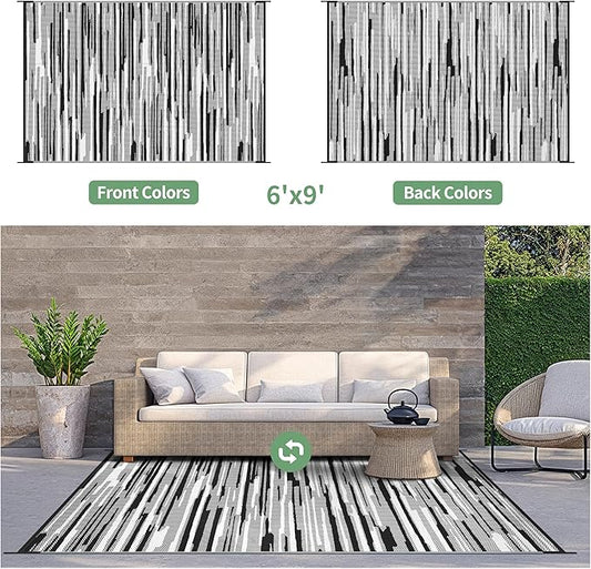 GENIMO Outdoor Rug for Patio Clearance, 6'x9' Waterproof Camping Mat, Reversible Plastic Straw Rugs for RV, Camper, Balcony, Backyard, Picnic, Deck (Black White)