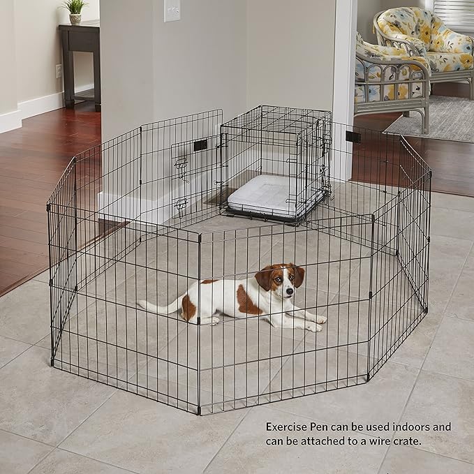 MidWest Homes for Pets Folding Metal Dog Exercise Pen, Indoor/Outdoor Playpen with Secure Door, Provides 16 Sq Feet of Play Space, 30-Inches Tall, Black E-Coated